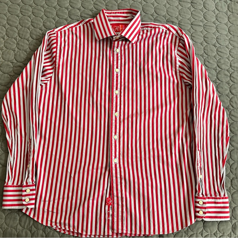 Red and White Striped Dress Shirt with Pointed Collar